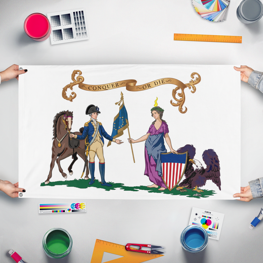 A mockup of the custom flag 'Washington's Life Guards flag' held up on a table during print checking