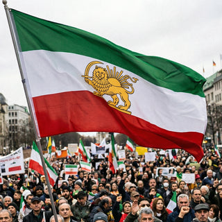 A darker lion and sun flag waving over an Iranian anti-regime protest