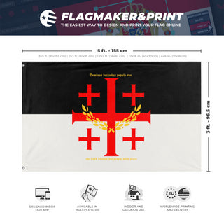 A mockup depicting custom flag specifications and measurements for 'ordo sanctus deserti flag'