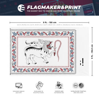 A mockup depicting custom flag specifications and measurements for 'test flag'