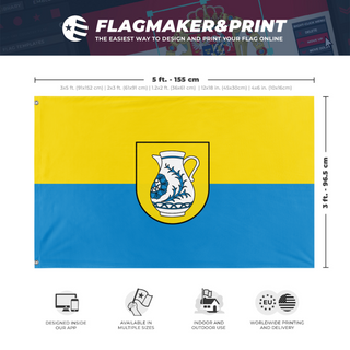 A mockup depicting custom flag specifications and measurements for 'Schrezheim flag'