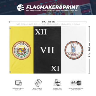 A mockup depicting custom flag specifications and measurements for 'Revamped Father's Day flag'