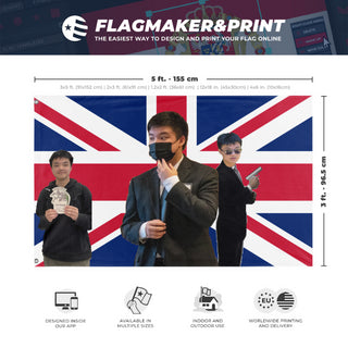 A mockup depicting custom flag specifications and measurements for 'THE WOO flag'