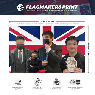 A mockup depicting custom flag specifications and measurements for 'Woonited Kingdom flag'