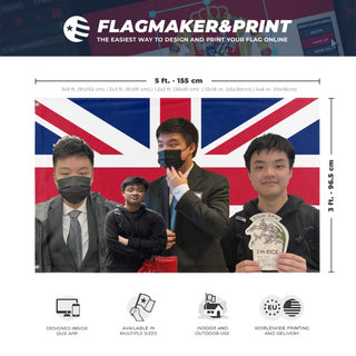 A mockup depicting custom flag specifications and measurements for 'Woonited Kingdom flag'