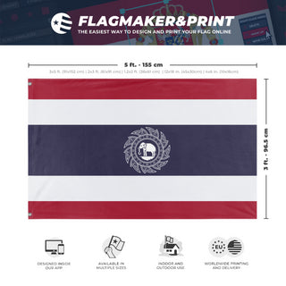 A mockup depicting custom flag specifications and measurements for 'Custom Fictional Thai flag'