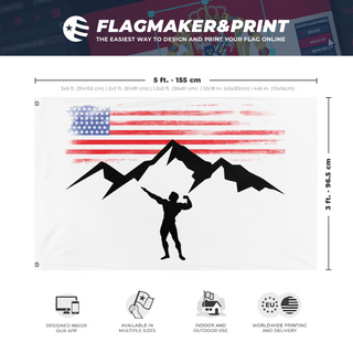A mockup depicting custom flag specifications and measurements for 'Arnold Archer Pose flag'