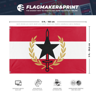 A mockup depicting custom flag specifications and measurements for 'Reyism Republic flag'
