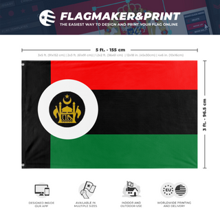 A mockup depicting custom flag specifications and measurements for 'Afghani empire flag'
