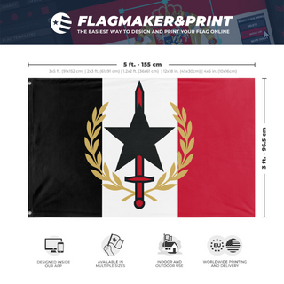 A mockup depicting custom flag specifications and measurements for 'Reyism Movement flag'