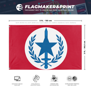 A mockup depicting custom flag specifications and measurements for 'Reyism Movement flag'