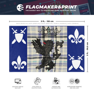A mockup depicting custom flag specifications and measurements for 'Thrauthemburg flag'
