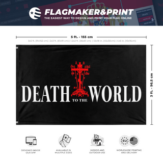 A mockup depicting custom flag specifications and measurements for 'Death to the world flag'