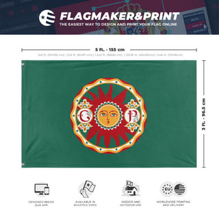 A mockup depicting custom flag specifications and measurements for 'Socialist Revolutionary'