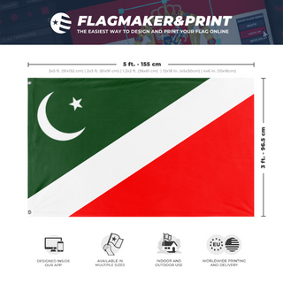 A mockup depicting custom flag specifications and measurements for 'Pakistan flag redsign flag'