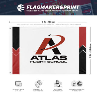 A mockup depicting custom flag specifications and measurements for 'Atlas Flight School flag'