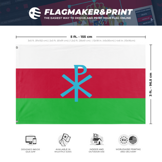 A mockup depicting custom flag specifications and measurements for 'Snowlandia flag'
