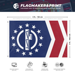 A mockup depicting custom flag specifications and measurements for 'Patriot Front flag'