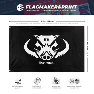A mockup depicting custom flag specifications and measurements for 'HW flag'
