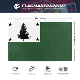 A mockup depicting custom flag specifications and measurements for 'pine tree flag'