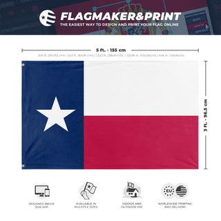 A mockup depicting custom flag specifications and measurements for 'Texas State flag'