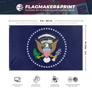 A mockup depicting custom flag specifications and measurements for 'United States Presidential Seal flag'