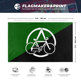 A mockup depicting custom flag specifications and measurements for 'Anarcho Cyclist flag'
