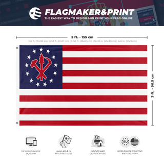 A mockup depicting custom flag specifications and measurements for 'Juche America flag'