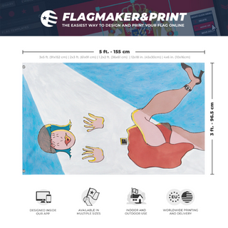A mockup depicting custom flag specifications and measurements for 'Dancing Woman flag'