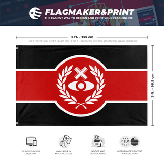 A mockup depicting custom flag specifications and measurements for 'Trinireign flag'