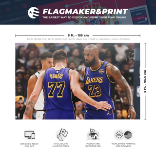 A mockup depicting custom flag specifications and measurements for 'Luka and Bron flag'