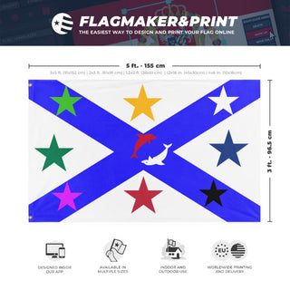A mockup depicting custom flag specifications and measurements for 'The Eight Stars & 2 Dolphins flag'
