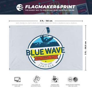 A mockup depicting custom flag specifications and measurements for 'BLUE WAVE flag'