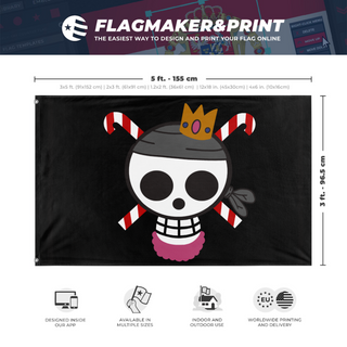 A mockup depicting custom flag specifications and measurements for 'king candy pirates flag'