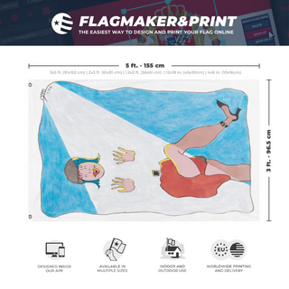 A mockup depicting custom flag specifications and measurements for 'Dancing Woman flag'