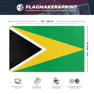 A mockup depicting custom flag specifications and measurements for 'Flag of Republic of Altis and Stratis flag'