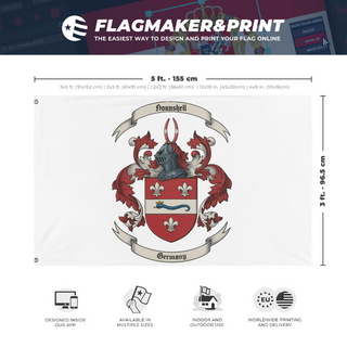 A mockup depicting custom flag specifications and measurements for 'Hounshell Family Flag'