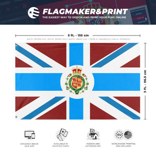 A mockup depicting custom flag specifications and measurements for 'UK flag redsign flag'