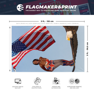 A mockup depicting custom flag specifications and measurements for 'RACHEL flag'