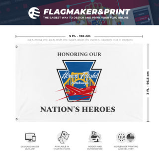 A mockup depicting custom flag specifications and measurements for 'HFP-White-HONH flag'