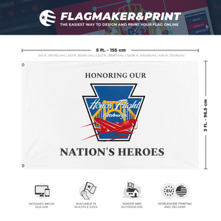 A mockup depicting custom flag specifications and measurements for 'HFP-HONH-White flag'