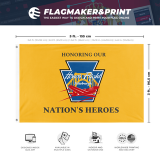 A mockup depicting custom flag specifications and measurements for 'HFP-HONH-Gold flag'