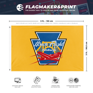 A mockup depicting custom flag specifications and measurements for 'HFP-Gold flag'