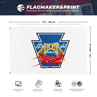 A mockup depicting custom flag specifications and measurements for 'HFP-White flag'
