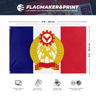 A mockup depicting custom flag specifications and measurements for 'Commune of France flag'