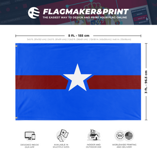 A mockup depicting custom flag specifications and measurements for 'Hopeful Blue flag'