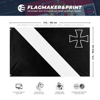 A mockup depicting custom flag specifications and measurements for 'Kingdom of Kriegsbourg flag'