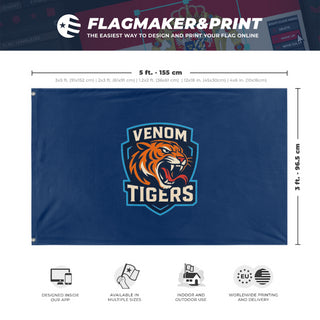 A mockup depicting custom flag specifications and measurements for 'venomtigers flag'