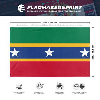 A mockup depicting custom flag specifications and measurements for 'Komful flag'