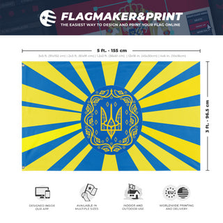 A mockup depicting custom flag specifications and measurements for 'Japanese Ukraine flag'
